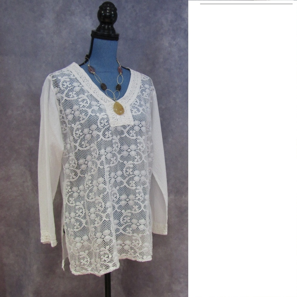 NWT S.R. Fashions White Crochet Lace Tunic Size L